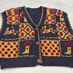Cider Chenille Sweater Vest Grannycore Sz Lg Gold Navy Layering Office Buttons‎